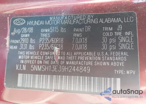 2009 Hyundai Santa Fe Limited from USA, damaged, VIN 5NMSH13E39H244849